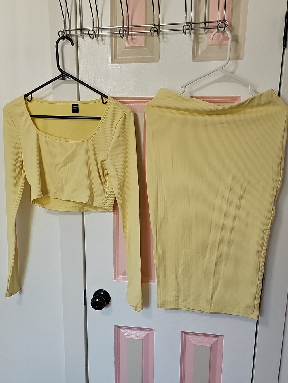Shein- Women’s Ribbed Two-Piece Top and Skirt Set - Light Yellow Size Medium